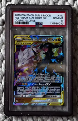 2019 POKEMON SUN & MOON COSMIC ECLIPSE #157 RESHIRAM & ZEKROM GX PSA 10 w/ Guard - Image 1