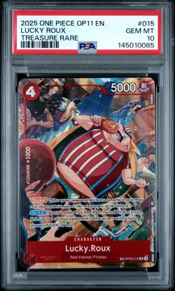 2025 ONE PIECE OP11-A FIST OF DIVINE SPEED TREASURE RARE #015 LUCKY ROUX PSA 10 - Image 1