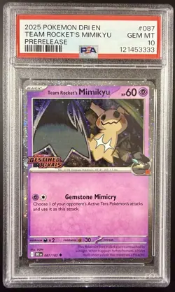 2025 POKEMON DESTINED RIVALS PRERELEASE-STAFF #087 TEAM ROCKET’S MIMIKYU PSA 10 - Image 1