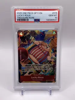 2025 ONE PIECE OP11-A FIST OF DIVINE SPEED #015 LUCKY ROUX TREASURE RARE PSA 10 - Image 1
