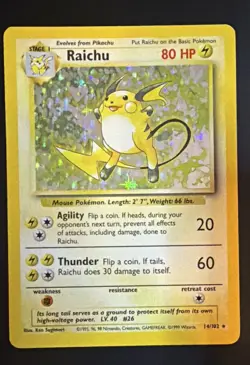 Wizards 1999 Pokemon TCG Raichu 14/102 Base Set Holo Rare 80 HP ENG - Image 1