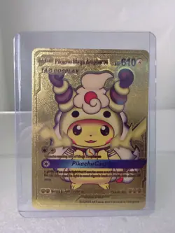 Pikachu Mega Ampharos Tag Cosplay Gold Foil Pokemon Fan Art Card HP610 - Image 1