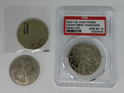 Pokemon TCG Charizard Gigantamax Metal Gold Coin UPC PSA 10, with 2 other coins - Image 1