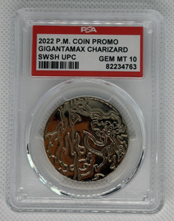 Pokemon TCG Charizard Gigantamax Metal Gold Coin UPC PSA 10, with 2 other coins - Image 3