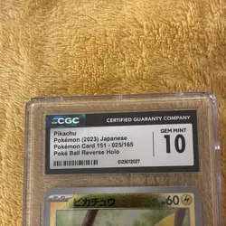CGC 10 Pikachu 025/165 Pokemon Card 151 sv2a Japanese Poke Ball Reverse Holo - Image 2