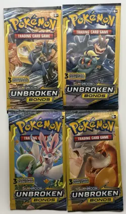 Pokemon TCG Sun and Moon Unbroken Bonds 3 Card Booster Pack Complete Art Set 4pk - Image 1