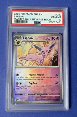 2025 Pokemon PRE EN Espeon Master Ball Reverse Holo #033 PSA 10 GEM MT - Image 1