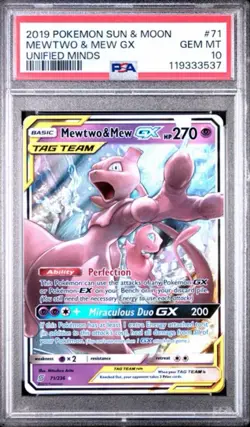 2019 POKEMON SUN & MOON UNIFIED MINDS #71 MEWTWO & MEW GX PSA 10 - Image 1