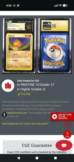 (POP 27) CGC 10 PRISTINE 2003 EX Sandstorm 82/100 Trapinch pokemon Card - Image 4
