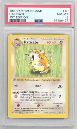 PSA 8 - Pokemon Card - Base 40/102 - RATICATE (uncommon) *1st Edition* - NM-MT - Image 1