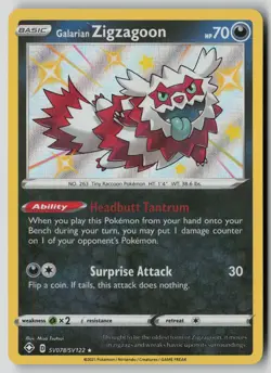 Galarian Zigzagoon SV078/SV122 Shiny Rare Shining Fates Shiny Vault Pokemon LP - Image 1