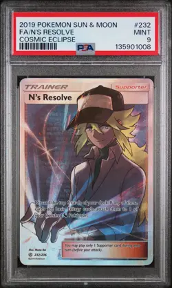 PSA 9 N'S Resolve #232 2019 Pokemon Sun & Moon Cosmic Eclipse - Image 1