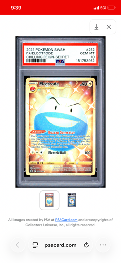 Pokemon Electrode (Secret) 222/198 Swsh06: Sword & Shield Chilling Reign PSA 10 - Image 1