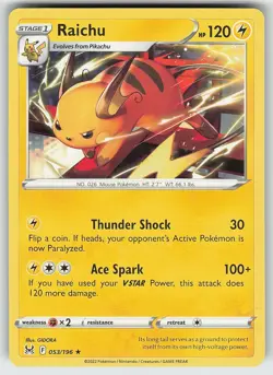 Pokemon Raichu 053/196 Lost Origin Rare NM - Image 1