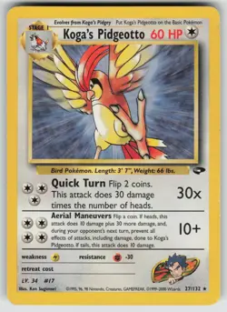 Koga's Pidgeotto 27/132 Rare Gym Challenge Pokemon Unlimited Moderately Played - Image 1
