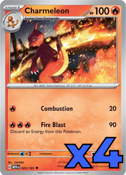 4x Charmeleon 005/165 Sv: Scarlet & Violet 151 PLAYSET x4 - Pokemon TCG - NM - Image 1