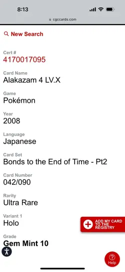 CGC 10 Pokemon Card Alakazam 4 LV.X 042/090 Unlimited Japanese POP 1 Short Print - Image 4