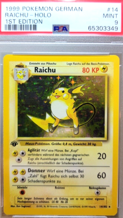 PSA 9 1st Edition Base Set Raichu 14 NM-MT German Pokemon Card Vintage Graded - Image 1