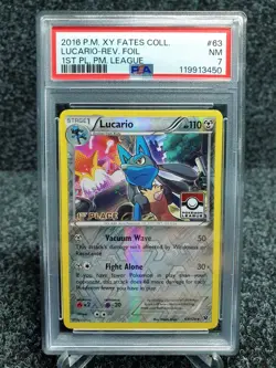 PSA 7 1st Place Lucario Pokemon League (Fates Collide #63 Reverse Holo) - Image 1
