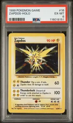 1999 Pokemon Base Set Unlimited Zapdos Holo 16/102 PSA 6 - Image 1