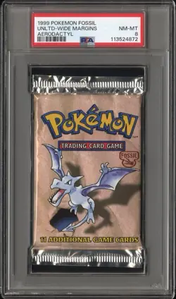 1999 Pokemon Unlimited Wide Margins Fossil Aerodactyl PSA 8 Foil Booster Pack - Image 1