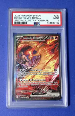2025 Pokemon DRI EN Rocket’s Moltres ex Special Illustration Rare #229 PSA 9 - Image 1