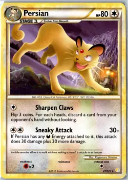 Pokemon Card - Persian 27/123 HeartGold & SoulSilver Rare Heavily Played - Image 1