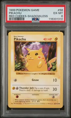 Pokemon TCG PSA 6 Pikachu Red Cheeks Shadowless Base Set Card WOTC 58/102 - Image 1