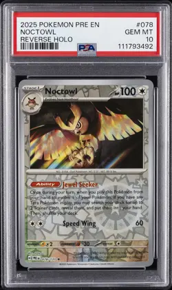 2025 POKEMON PRE EN-PRISMATIC EVOLUTIONS REVERSE HOLO #078 NOCTOWL PSA 10 - Image 1