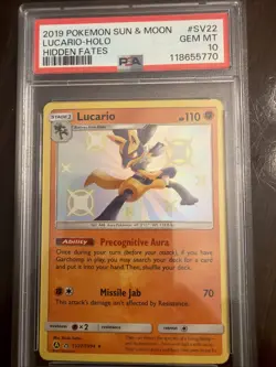 Lucario Holo PSA 10 2019 Pokemon S & M Hidden Fates #SV22 Sun & Moon - Image 1