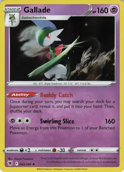 Gallade 062/189 Rare Buddy Catch Astral Radiance Pokemon Card Atsushi Furusawa - Image 1
