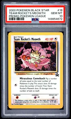 2000 Pokemon Black Star - Team Rocket's Meowth Pokemon League Promo 18 PSA 10 - Image 1