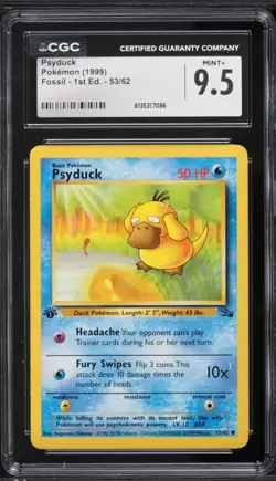 1999 Pokemon Fossil 1st Edition Psyduck #53 CGC 9.5 MINT+ - Image 1