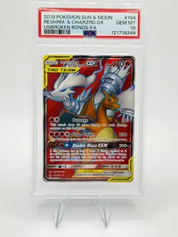 2019 Pokemon S&M Unbroken Bonds RESHIRAM & CHARIZARD GX #194 FULL ART PSA 10 🔥 - Image 1