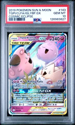 PSA 10 GEM Togepi Cleffa Igglybuff GX 143/236 Pokemon S&M Cosmic Eclipse 2019 - Image 1