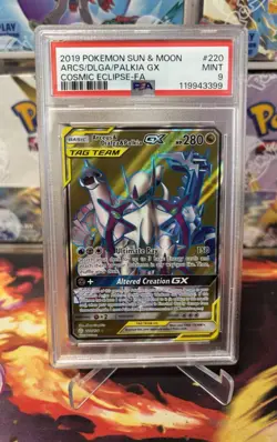 PSA 9 Arceus Dialga Palkia 2019 GX Full Art Cosmic Eclipse 220/236 Pokemon - Image 1