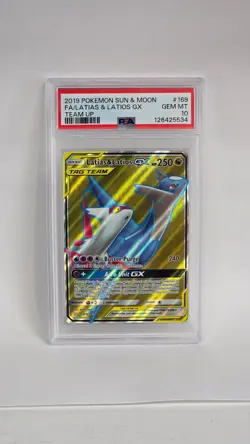 2019 POKEMON SUN & MOON TEAM UP #169 FULL ART/LATIAS & LATIOS GX PSA 10 - Image 1