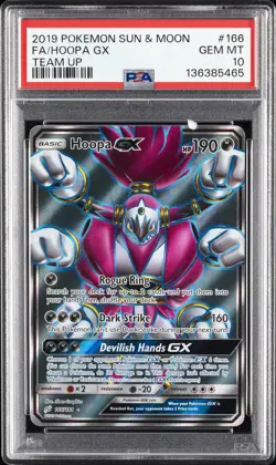 2019 POKEMON SUN & MOON TEAM UP #166 FULL ART/HOOPA GX PSA 10 - Image 1