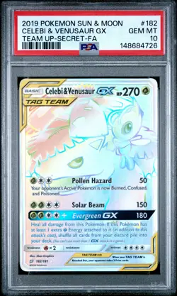 2019 POKEMON SUN & MOON TEAM UP SECRET #182 FULL ART/CELEBI & VENUSAUR GX PSA 10 - Image 1