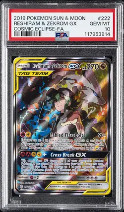 2019 POKEMON SUN & MOON COSMIC ECLIPSE #222 FULL ART/RESHIRAM & ZEKROM GX PSA 10 - Image 1