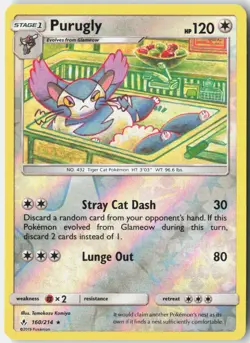 Purugly 160/214 Rare Unbroken Bonds Pokemon Reverse Holo Lightly Played - Image 1