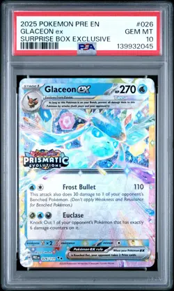 2025 POKEMON PRISMATIC EVOLUTIONS SURPRISE BOX EXCLUSIVE #026 GLACEON EX PSA 10 - Image 1