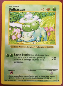 POKEMON SHADOWLESS BULBASAUR 44/102 BASE SET COMMON NEAR MINT-ERROR CARD - Image 1