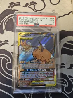 Pokemon PSA 9 Raichu & Alolan Raichu GX 221/236 Unified Minds Full Art Holo - Image 1