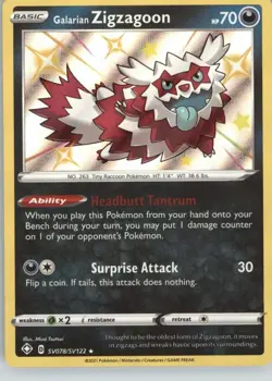 Galarian Zigzagoon SV078/SV122 Shiny Rare Shining Fates Shiny Vault Pokemon NM - Image 1