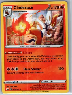 Cinderace 034/202 Holo SWSH01: Sword & Shield Base Set - Pokemon Card - NM - Image 1