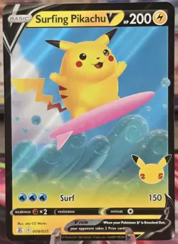 Pokemon Card Surfing Pikachu V 008/025 25th Anniversary Celebrations Near Mint - Image 1