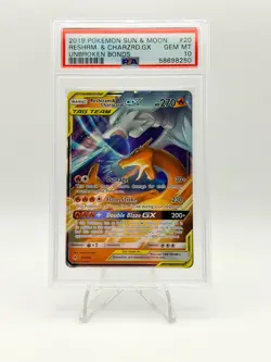 2019 POKEMON UNBROKEN BONDS TAG TEAM RESHIRAM & CHARIZARD GX 20/214 PSA 10 - Image 1
