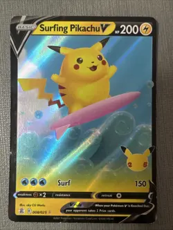 Surfing Pikachu V 008/025 Celebrations Holo Pokemon 2021 - Image 1