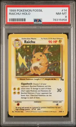 PSA 8 Raichu Holo 14/62 Fossil 1999 Pokemon Card - Image 1